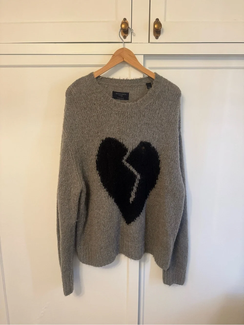 All Saints Alpaca Gray Crewneck Sweater with Black Broken Heart Motif